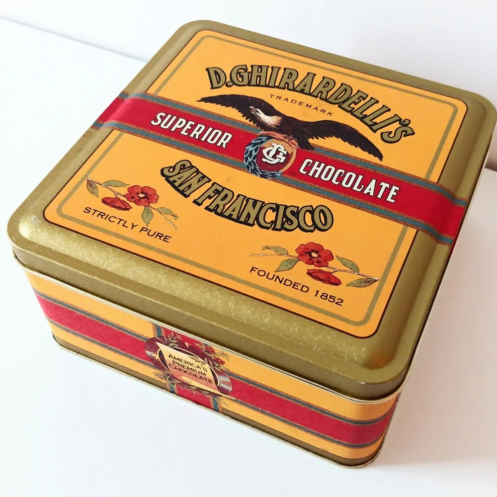 Vintage Ghirardelli's Chocolate Tin Square Gold Green Red 1993